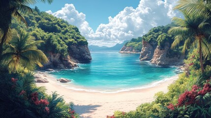 Fototapeta premium Secluded tropical beach, turquoise water, lush foliage.