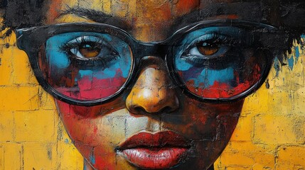 Abstract portrait, woman, glasses, textured paint.