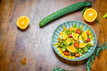 Garden salad on the brown table