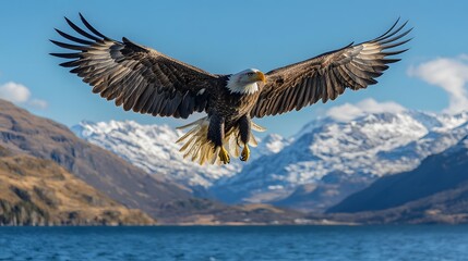 Fototapeta premium A majestic bald eagle in flight spreads its wings against a vibrant blue sky. The sharp focus on detailed feathers showcases the bird soaring over a pristine lake surrounded by mountains.