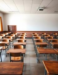 Empty classroom with vintage wooden lecture desks and chairs, back to school concept in high school, secondary education studying, masterpiece, with white tones