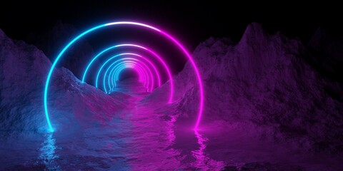 Mountain terrain landscape with pink and blue neon light glowing circles or rings tunnel, retro technology or futuristic alien background template