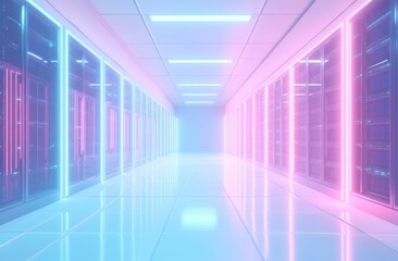 Futuristic server room corridor with pink and blue neon lights.