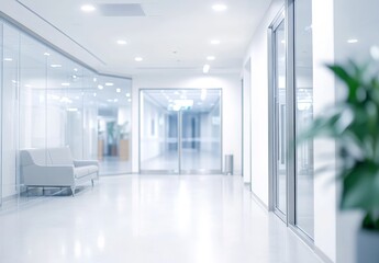 Modern bright office hallway with glass walls, seating, and plants.