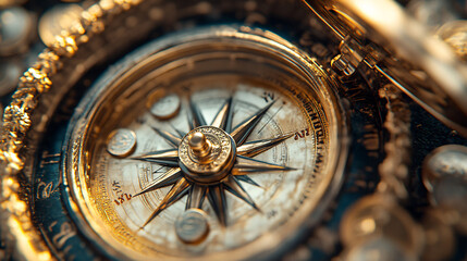 An abstract compass made of gold and silver, with coins as directional markers, guiding a figure on their journey toward wealth and success. 