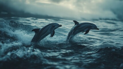 Fototapeta premium Two dolphins playfully circling each other, the calf mimicking its mothers graceful moves,