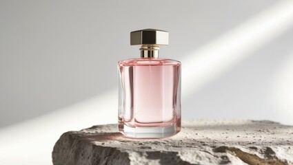 Elegant glass perfume bottle with pink liquid on textured surface