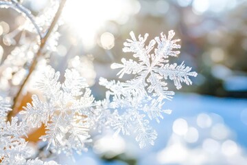 Snowflake frost patterns on glass. Vivid ice crystal textures on clear glass window.