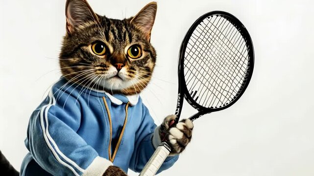 Adorable tabby cat wearing blue tracksuit holding tennis racket with focused expression - sport concept