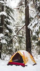 A colorful tent in a snow-covered forest, providing a bright contrast to the tranquil, white winter landscape surrounding it