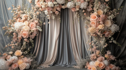 Elegant Photo Backdrop with Silk Drapes, Large Flowers, and Soft Lighting - Perfect for Sophisticated Shoots