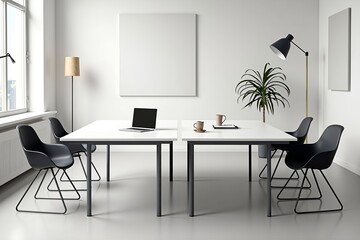 Rectangular matte white conference table in a Scandinavian-inspired workspace, accompanied by sleek black chairs, featuring a laptop, coffee cup, and notebook, with a white wall, and a floor lamp