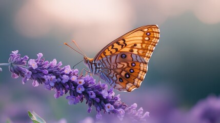 Obraz premium Butterfly on lavender at sunset.