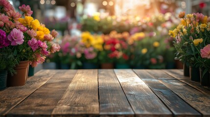 Colorful flowers blooming in pots at a vibrant market during sunset
