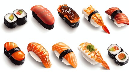 A collection of different types of sushi, including maki rolls, nigiri, and sashimi.