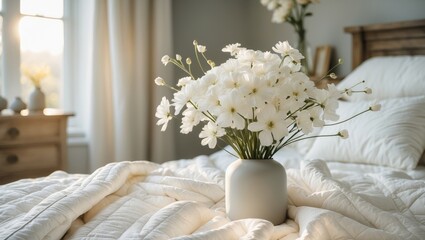 Beautiful bouquet of white flowers placed on a soft quilt in a cozy bedroom setting during daylight