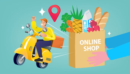 Fototapeta premium Woman standing near big mobile phone. Internet digital store scene with people on shopping. E-commerce advertising illustration. fast online delivery service. marketing and digital marketing. Vector