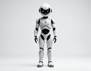 Fototapeta premium White unique and professional ( thin robot ) that has details and small blue lights on his body that is standing and facing straight with his whole body in a plain background