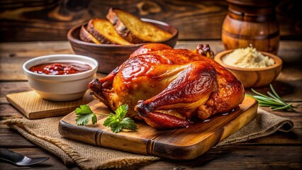 Vintage Smoked Chicken Half with Toast & BBQ Sauce - Rustic Food Photography