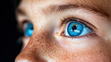 Obraz premium Close-up of a Child's Bright Blue Eye with Freckles