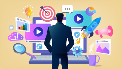 A businessman analyzes a digital marketing strategy. Icons for video, SEO, data, and social media represent a holistic approach to content, analytics, and business growth.
