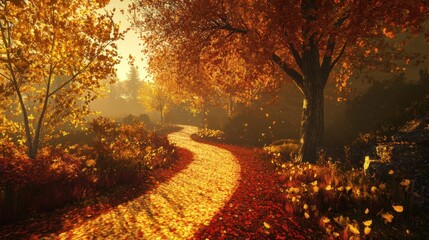 Fototapeta premium Autumnal Pathway Winding Through Golden Forest
