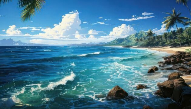 beautiful and bright beach scenery with anime style background