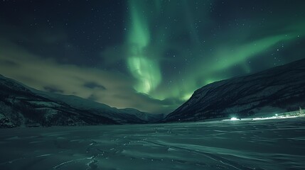 Fototapeta premium The aurora borealis, or northern lights, shine brightly over a snowy valley, with mountains and trees in the background.
