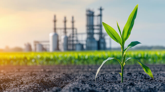 young corn plant in fertile soil with ethanol production facility in background