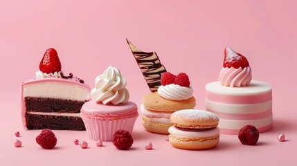 A collection of sweet treats on a pink background, including cake, cupcakes, macarons, and raspberries.