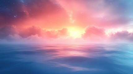 Fototapeta premium Dreamlike seascape with vibrant sunset and starry sky.