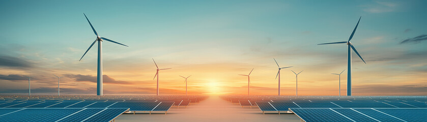 Obraz premium Solar panels and wind turbines in serene sunset, symbolizing renewable energy