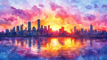 Stunning sunset over a vibrant urban skyline reflecting in tranquil waters