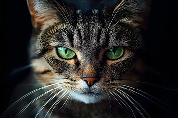 Portrait of a tabby cat staring with intense green eyes on black background