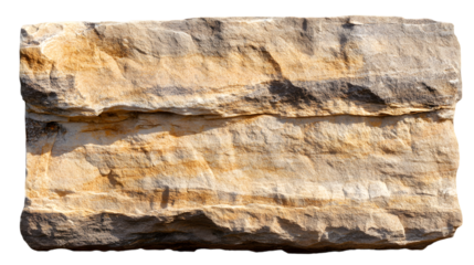 Natural sandstone block with layered textures in warm beige and golden tones, ideal for construction and design. Isolated on transparent background