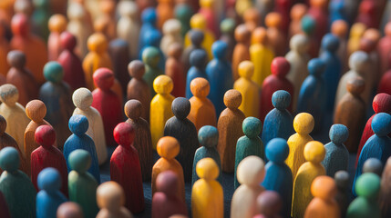 Colourful wooden figures, visualizing diversity of all people, created with generative AI technology
