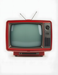 Front panel of red vintage portable CRT television set made in USSR with cut out screen isolated on white background. Retro technology concept, digital art