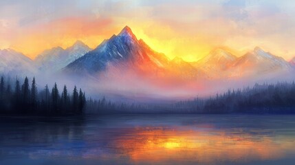 Fototapeta premium Tranquil Sunset Over Glowing Rainbow Mountains Reflecting in Calm Water