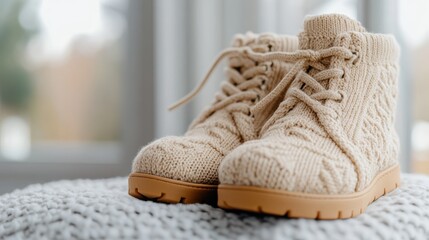 Snug beige boots rest on a textured bed by a sunny window, exuding warmth and comfort in a serene, cozy room.