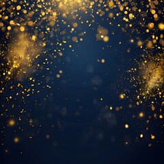 Abstract dark blue and gold particle background with Christmas golden light bokeh, shining particles on navy blue, gold foil texture, festive holiday concept