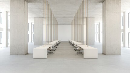 Fototapeta premium Modern office interior with minimalist design featuring long tables and ergonomic chairs in a bright environment.