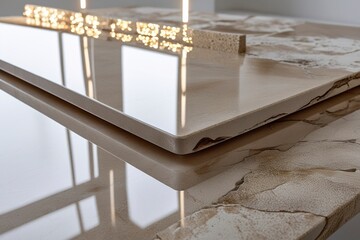 polished ceramic stone with smooth edges, rectangular shape, precise dimensions, and reflective surface, designed for modern architecture or interior decoration, intricate texture