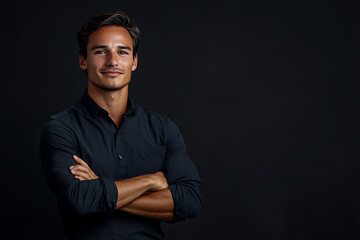 Obraz premium Portrait of a Confident Young Man in Black Shirt Against a Dark Background Studio Shot