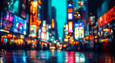 Naklejka premium Blurred city night street, vibrant lights reflecting on wet pavement.