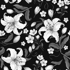 Beautiful lily flowers and spring flowers oil painting seamless pattern. Realistic and wonderful pattern for wallpaper and fabric.