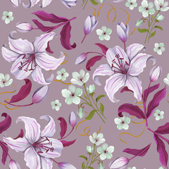 Beautiful lily flowers and spring flowers oil painting seamless pattern. Realistic and wonderful pattern for wallpaper and fabric.