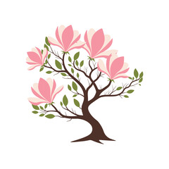 Obraz premium Magnolia Tree Vector with Pink Flowers, Elegant Floral Illustration