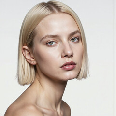 Fototapeta premium Very realistic photo of a female with white skin and blond hair with her face turned slightly to the right side with a white background.