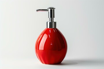 Shiny red soap dispenser stands on a white background, ready to promote cleanliness and hygiene