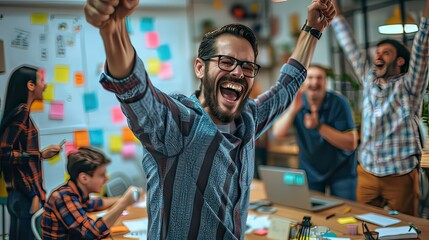 A cheerful project manager celebrating project completion with a team in an office.